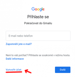 Vytvoření nového účtu, druhý krok.