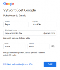 Vytvoření nového účtu, třetí krok